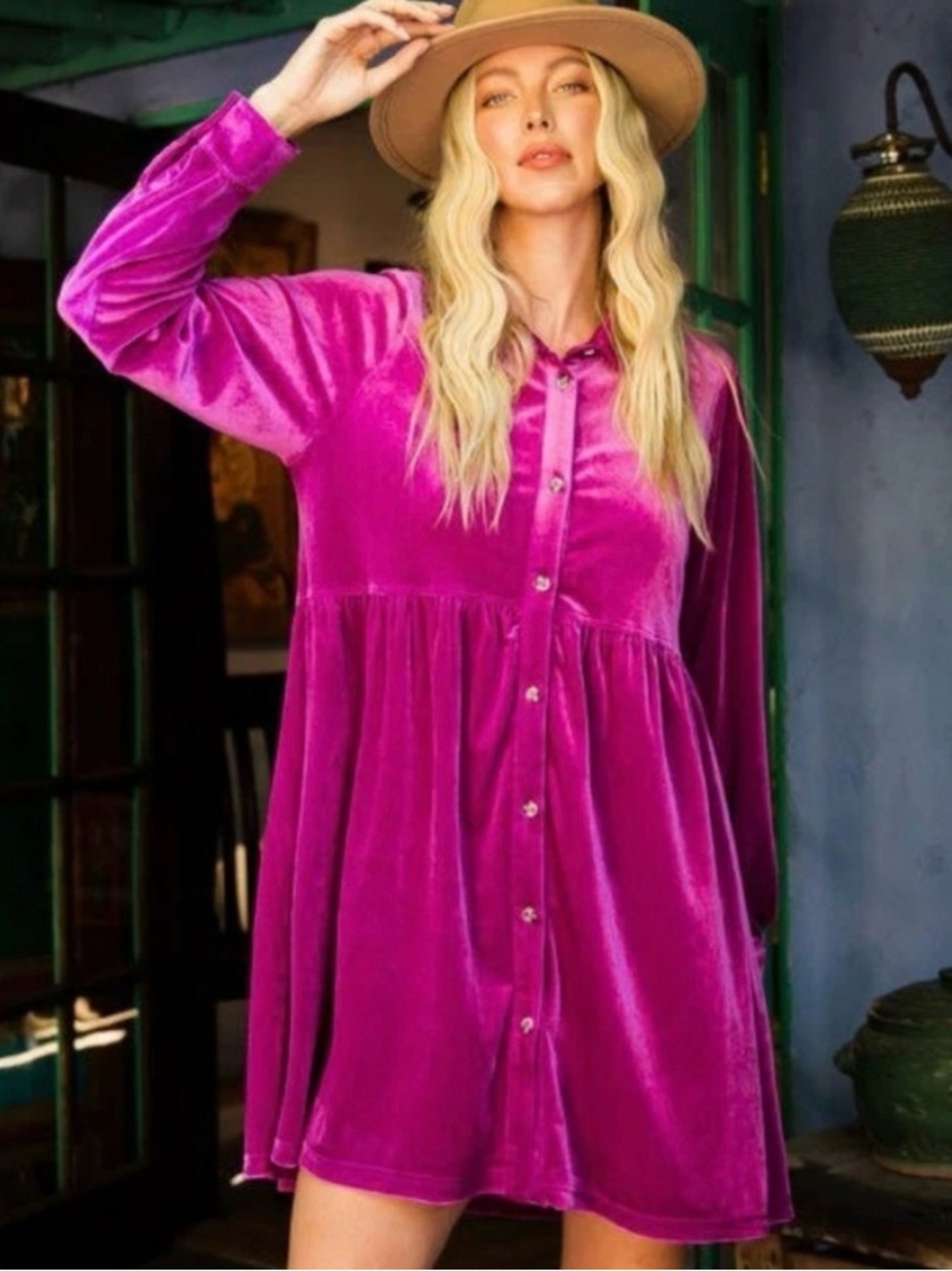NWT JODIFL Magenta Velvet Button-Front Babydoll Dress